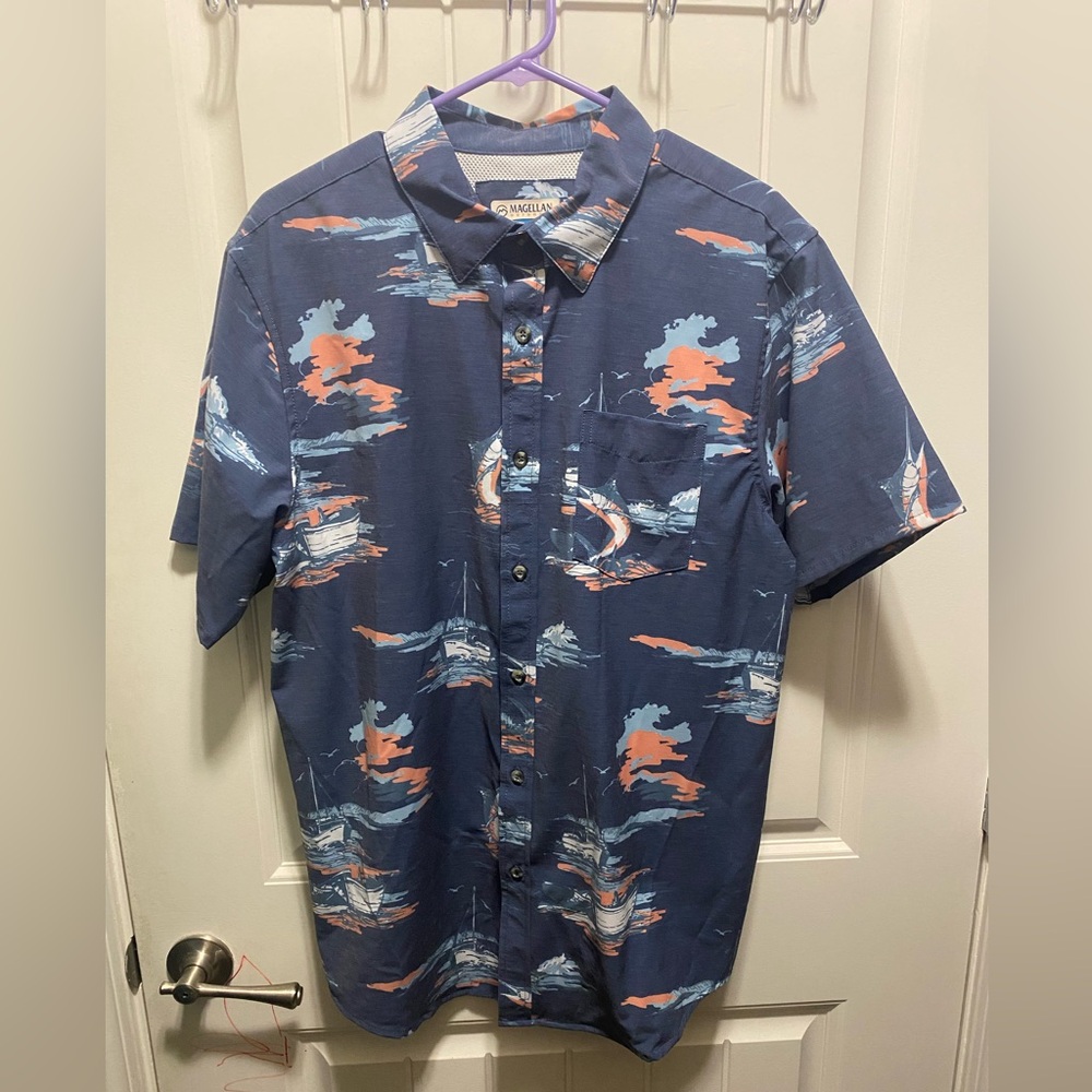 Magellan Outdoors Men's Nautical Print Shirt - Blue and Orange